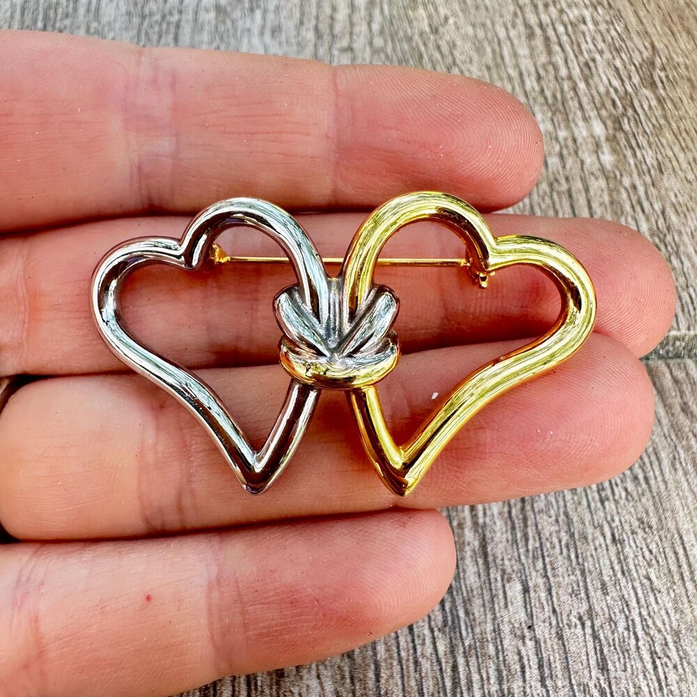 Vintage Jewelry AK Anne Klein Knotted Hearts Brooch Gold Silver Heart Brooch pin